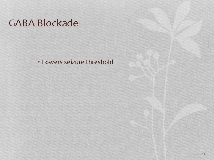 GABA Blockade • Lowers seizure threshold 17 