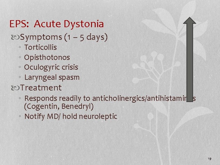 EPS: Acute Dystonia Symptoms (1 – 5 days) ◦ ◦ Torticollis Opisthotonos Oculogyric crisis