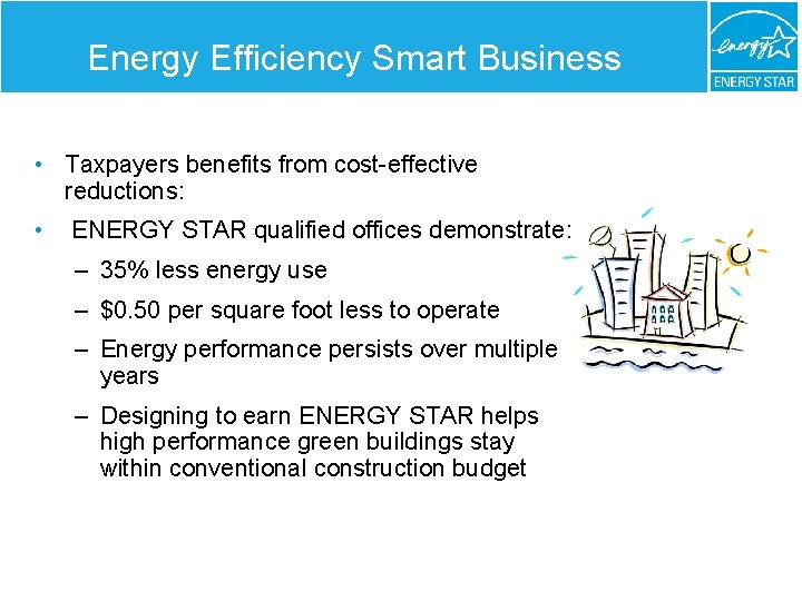 Energy Efficiency Smart Business • Taxpayers benefits from cost-effective reductions: • ENERGY STAR qualified