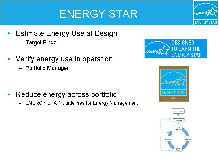 ENERGY STAR • Estimate Energy Use at Design – Target Finder • Verify energy
