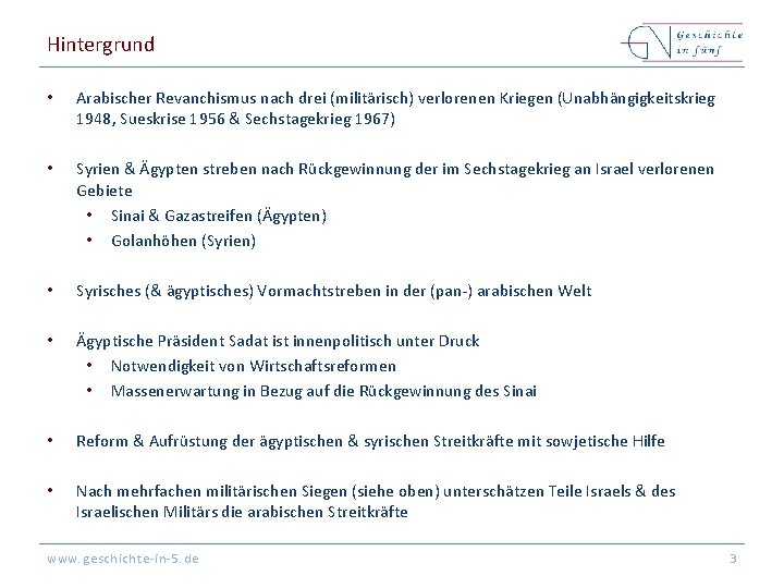 Hintergrund • Arabischer Revanchismus nach drei (militärisch) verlorenen Kriegen (Unabhängigkeitskrieg 1948, Sueskrise 1956 &