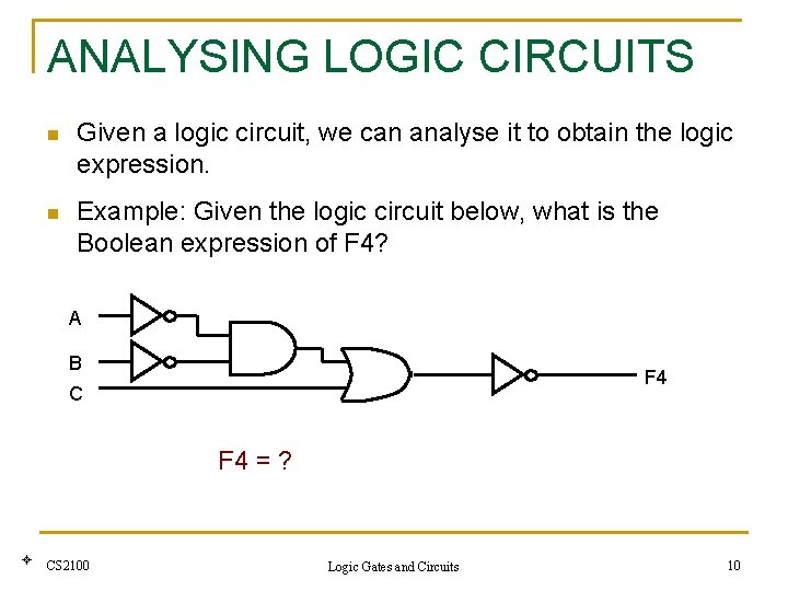 ANALYSING LOGIC CIRCUITS n Given a logic circuit, we can analyse it to obtain