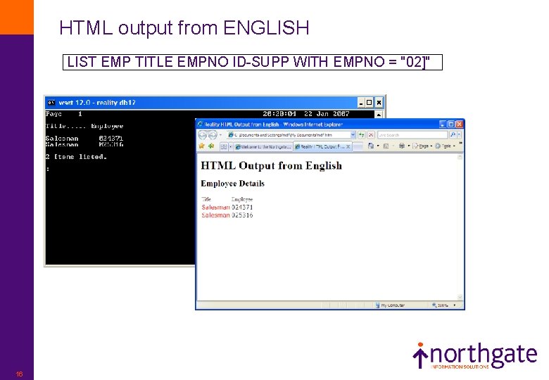 HTML output from ENGLISH LIST EMP TITLE EMPNO ID-SUPP WITH EMPNO = "02]" 16