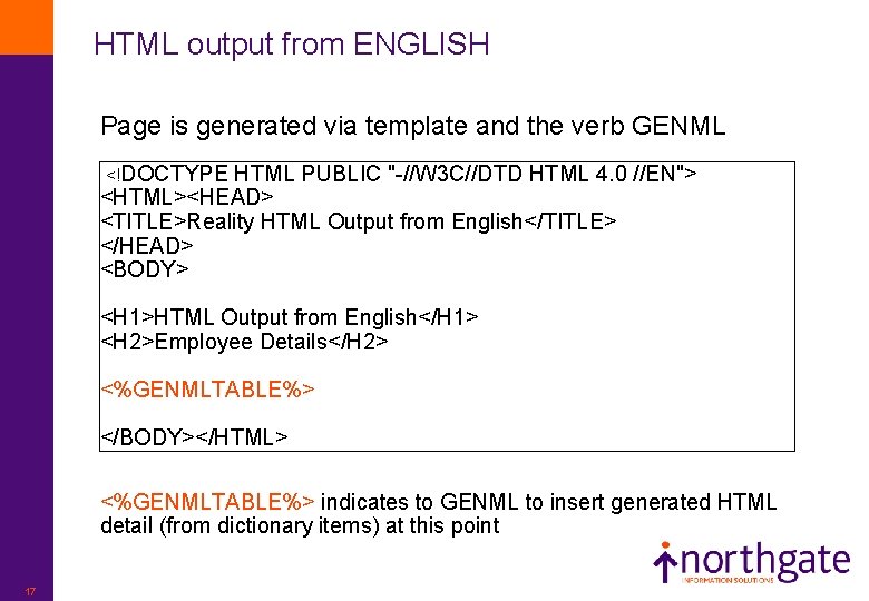 HTML output from ENGLISH Page is generated via template and the verb GENML <!DOCTYPE