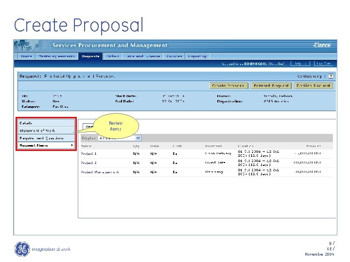 Create Proposal Review items 8/ GE / November 2004 