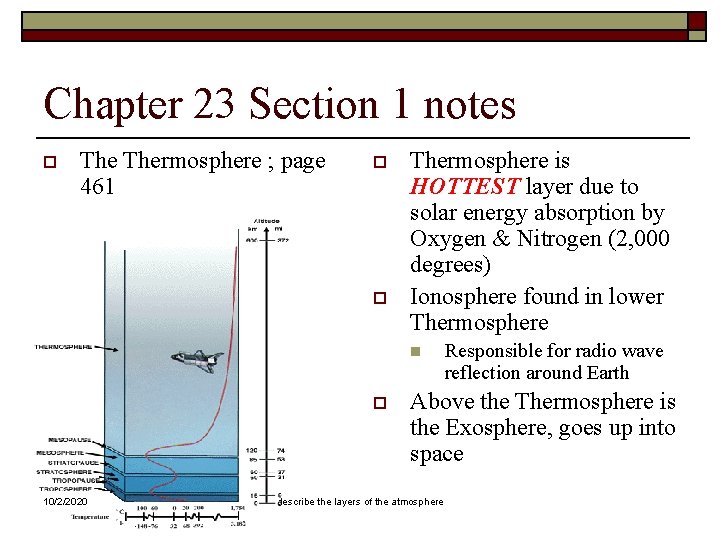 Chapter 23 Section 1 notes o Thermosphere ; page 461 o o Thermosphere is