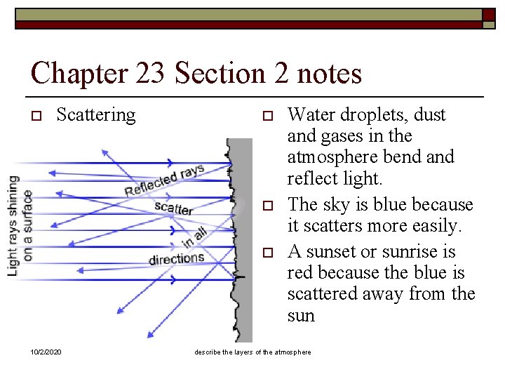 Chapter 23 Section 2 notes o Scattering o o o 10/2/2020 Water droplets, dust