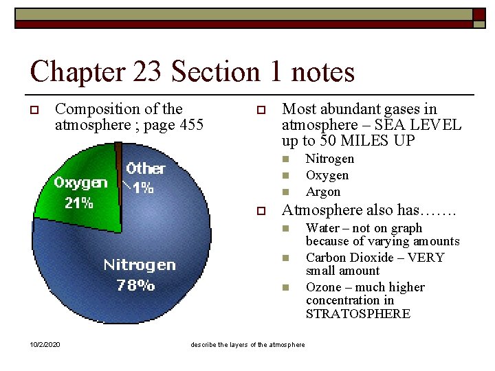 Chapter 23 Section 1 notes o Composition of the atmosphere ; page 455 o