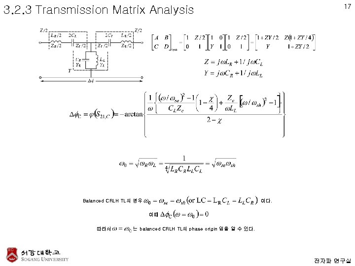 17 3. 2. 3 Transmission Matrix Analysis Balanced CRLH TL의 경우 이다. 이때 따라서