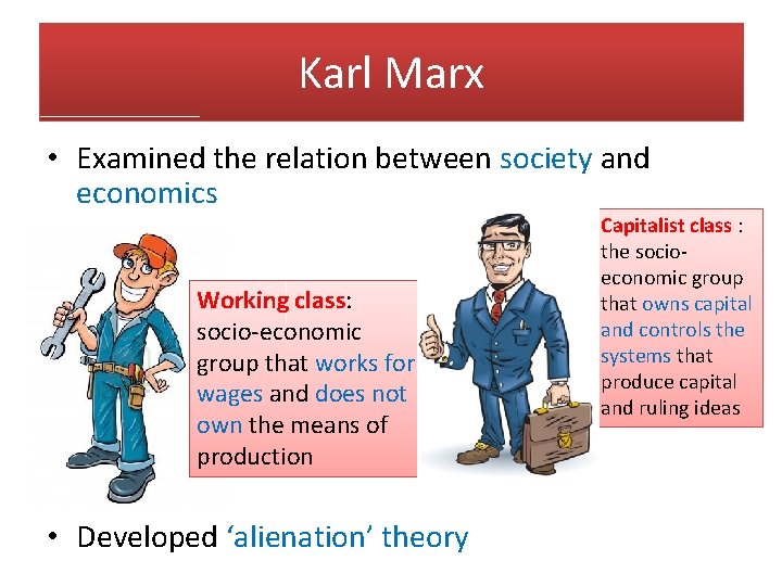 Karl Marx • Examined the relation between society and economics Working class: socio-economic group