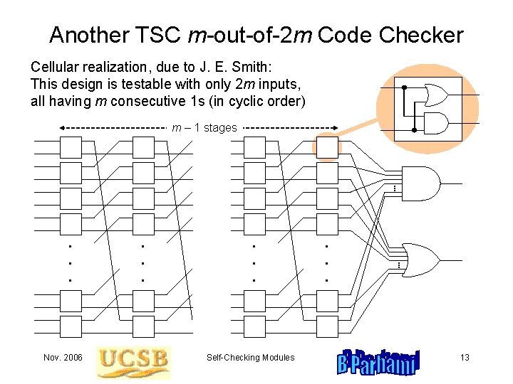 Another TSC m-out-of-2 m Code Checker Cellular realization, due to J. E. Smith: This Another TSC m-out-of-2 m Code Checker Cellular realization, due to J. E. Smith: This