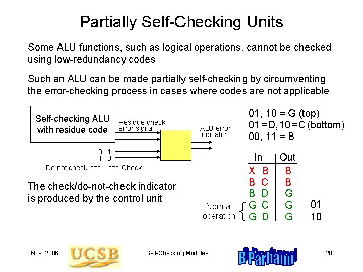 Partially Self-Checking Units Some ALU functions, such as logical operations, cannot be checked using Partially Self-Checking Units Some ALU functions, such as logical operations, cannot be checked using