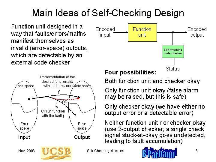 Main Ideas of Self-Checking Design Function unit designed in a way that faults/errors/malfns manifest Main Ideas of Self-Checking Design Function unit designed in a way that faults/errors/malfns manifest