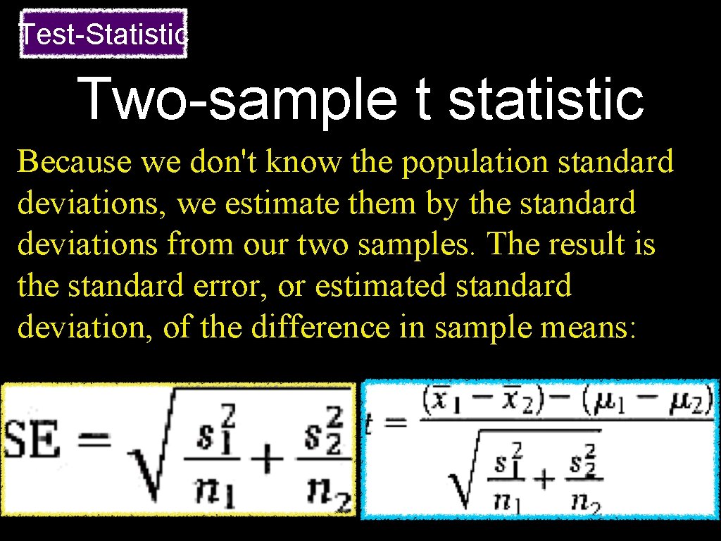 Test-Statistic Two-sample t statistic Because we don't know the population standard deviations, we estimate