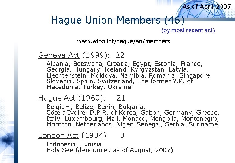As of April 2007 Hague Union Members (46) (by most recent act) www. wipo.