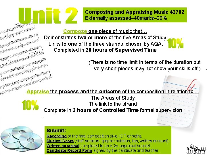 Composing and Appraising Music 42702 Externally assessed– 40 marks– 20% Compose one piece of