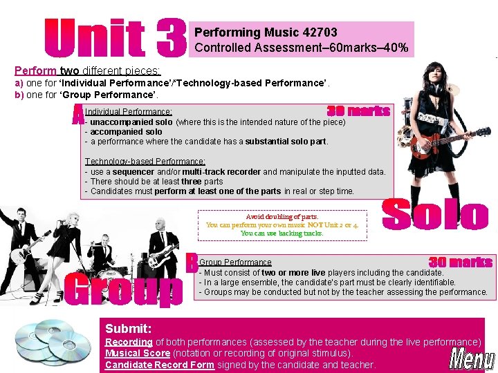 Performing Music 42703 Controlled Assessment– 60 marks– 40% Perform two different pieces: a) one