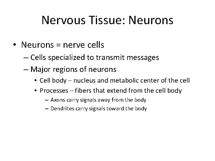 Nervous Tissue: Neurons • Neurons = nerve cells – Cells specialized to transmit messages