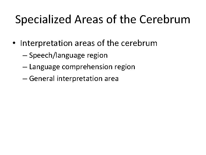 Specialized Areas of the Cerebrum • Interpretation areas of the cerebrum – Speech/language region