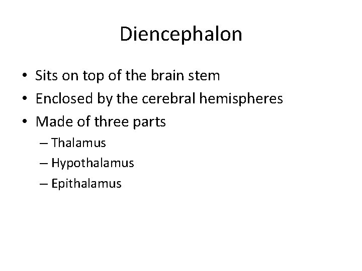 Diencephalon • Sits on top of the brain stem • Enclosed by the cerebral