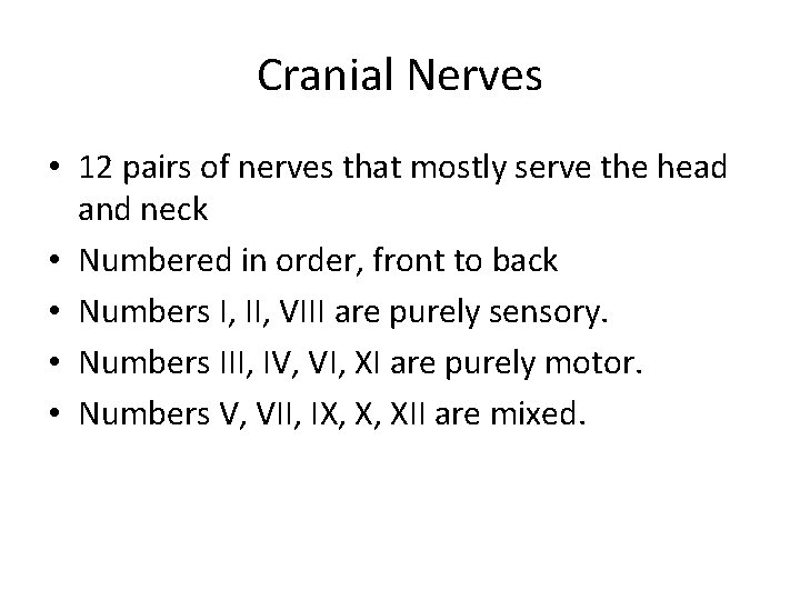 Cranial Nerves • 12 pairs of nerves that mostly serve the head and neck