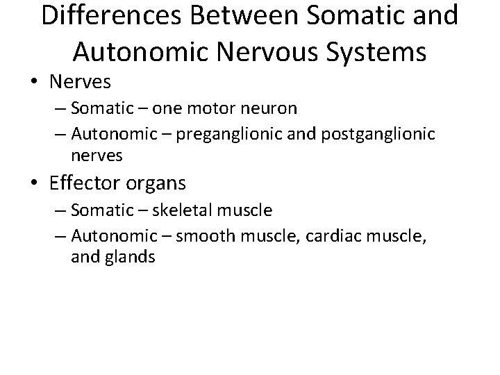 Differences Between Somatic and Autonomic Nervous Systems • Nerves – Somatic – one motor