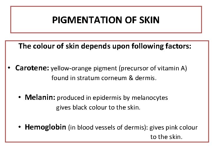 PIGMENTATION OF SKIN The colour of skin depends upon following factors: • Carotene: yellow-orange