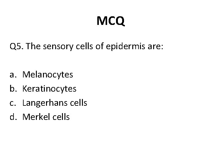 MCQ Q 5. The sensory cells of epidermis are: a. b. c. d. Melanocytes
