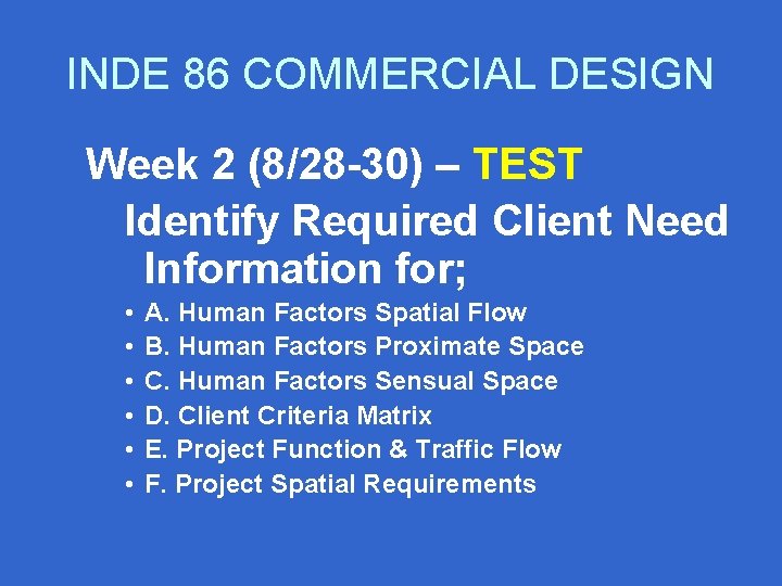 INDE 86 COMMERCIAL DESIGN Week 2 (8/28 -30) – TEST Identify Required Client Need