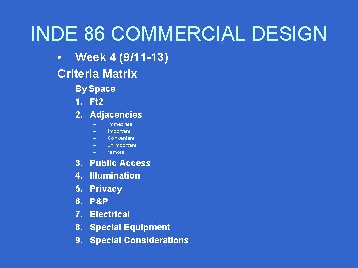 INDE 86 COMMERCIAL DESIGN • Week 4 (9/11 -13) Criteria Matrix By Space 1.