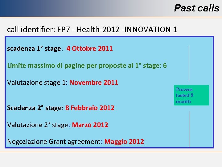 Past calls call identifier: FP 7 - Health-2012 -INNOVATION 1 scadenza 1° stage: 4