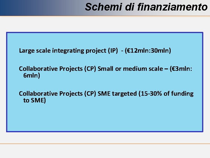 Schemi di finanziamento Large scale integrating project (IP) - (€ 12 mln: 30 mln)