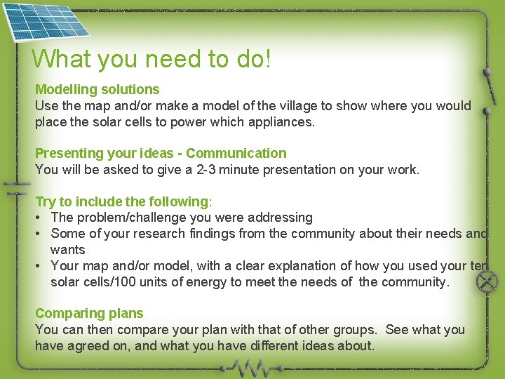 What you need to do! Modelling solutions Use the map and/or make a model