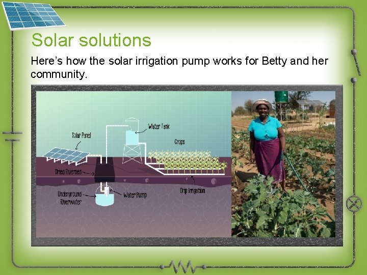 Solar solutions Here’s how the solar irrigation pump works for Betty and her community.
