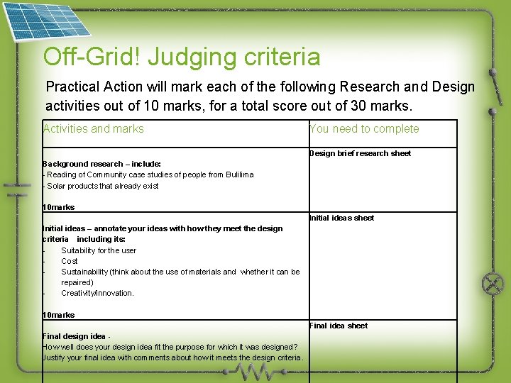 Off-Grid! Judging criteria Practical Action will mark each of the following Research and Design