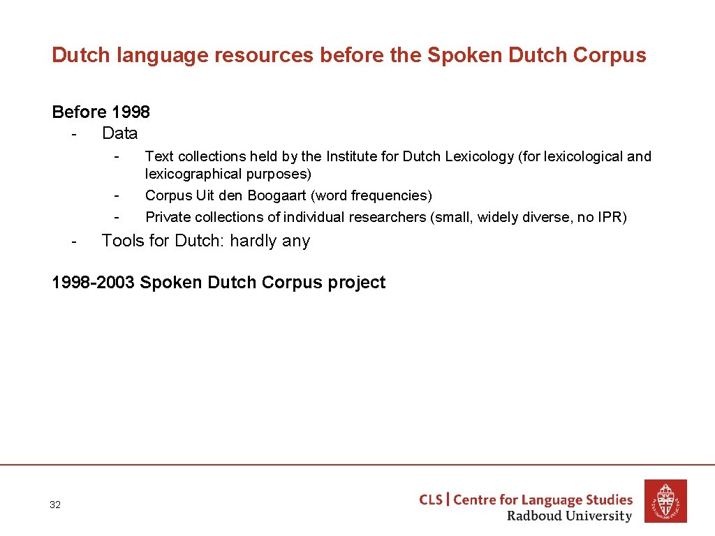 Dutch language resources before the Spoken Dutch Corpus Before 1998 - Data - -