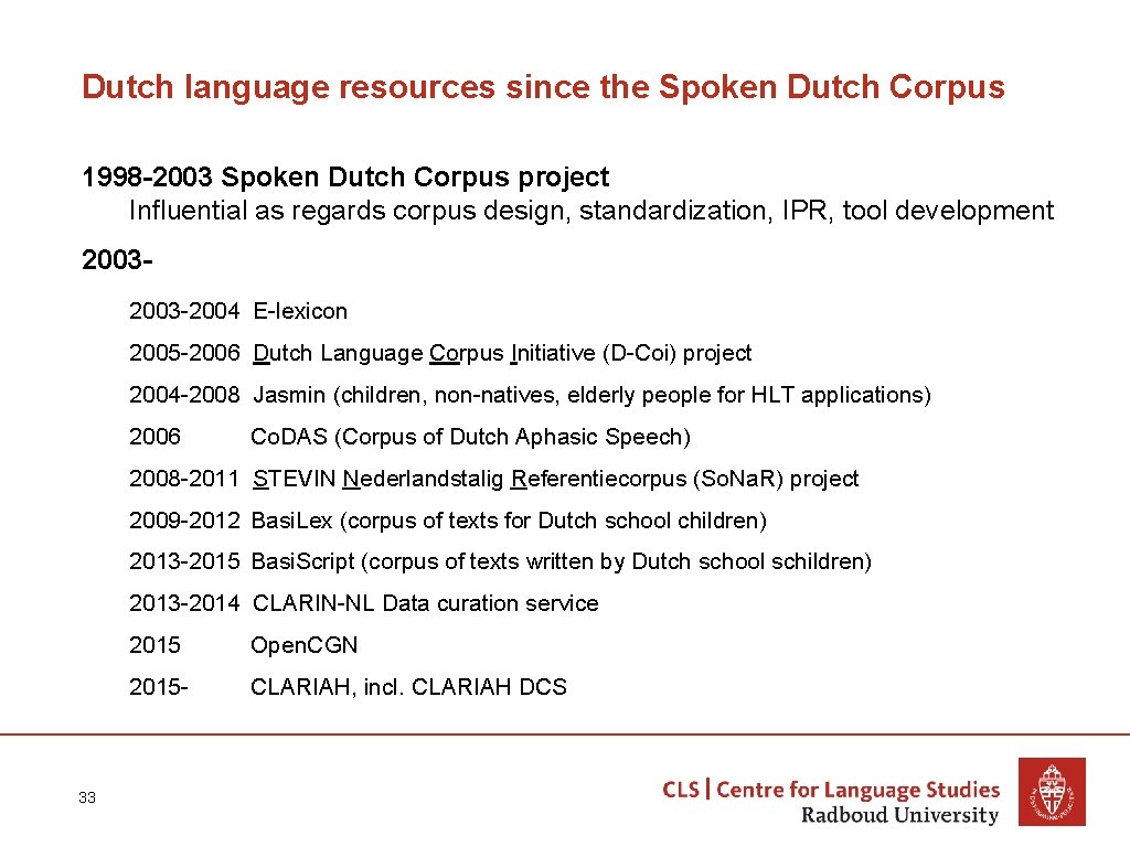 Dutch language resources since the Spoken Dutch Corpus 1998 -2003 Spoken Dutch Corpus project