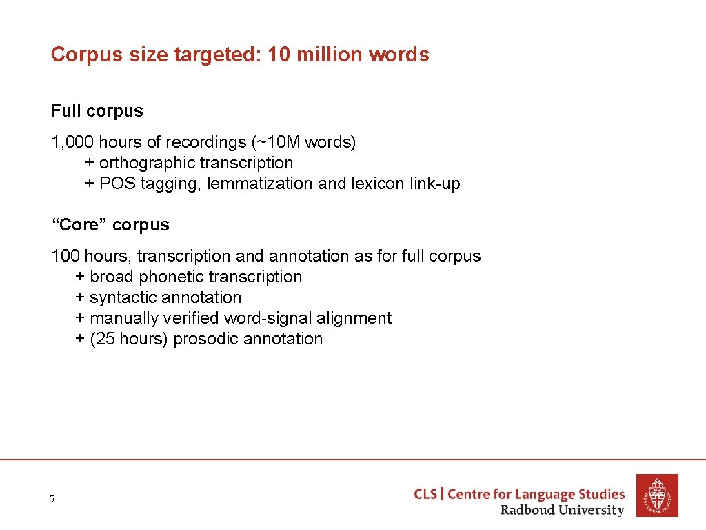 Corpus size targeted: 10 million words Full corpus 1, 000 hours of recordings (~10