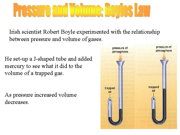 Irish scientist Robert Boyle experimented with the relationship between pressure and volume of gases. Irish scientist Robert Boyle experimented with the relationship between pressure and volume of gases.