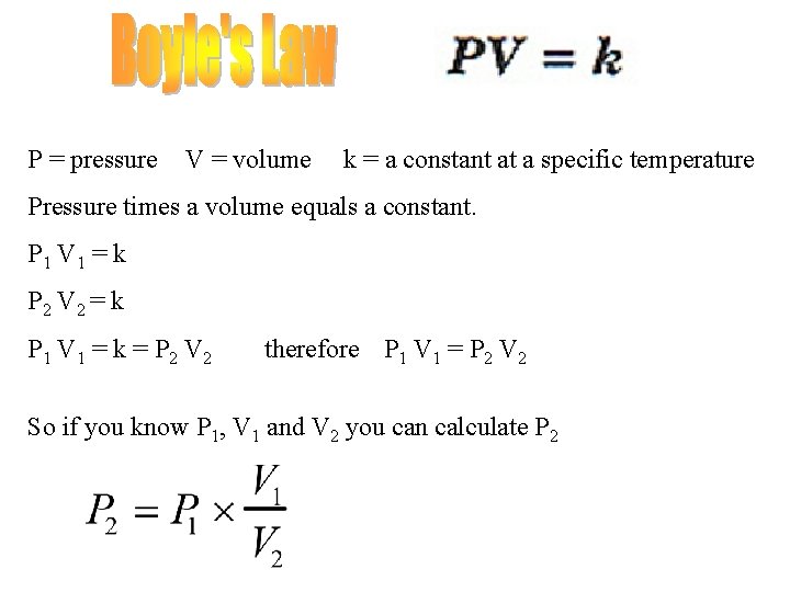 P = pressure V = volume k = a constant at a specific temperature P = pressure V = volume k = a constant at a specific temperature