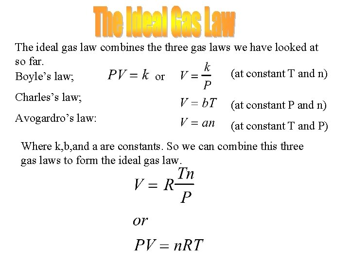 The ideal gas law combines the three gas laws we have looked at so The ideal gas law combines the three gas laws we have looked at so