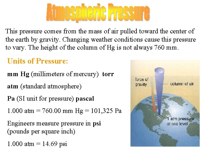 This pressure comes from the mass of air pulled toward the center of the This pressure comes from the mass of air pulled toward the center of the