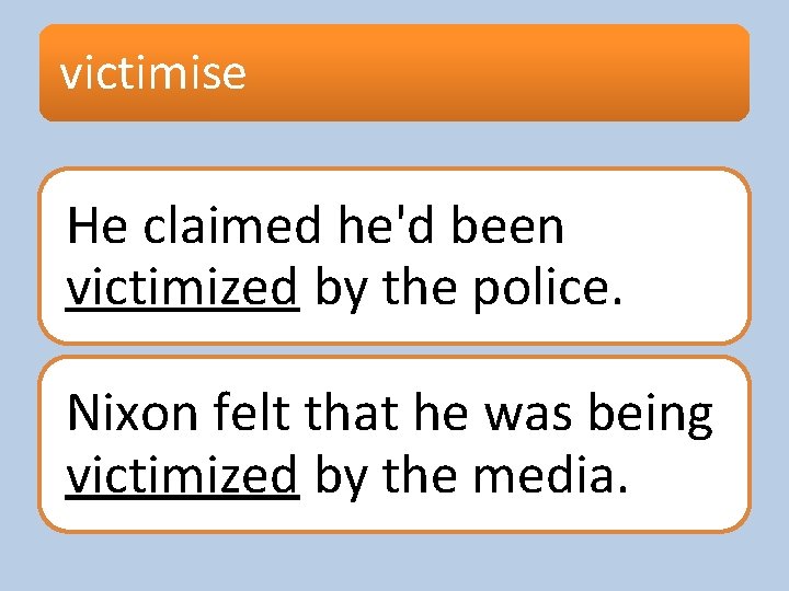 victimise He claimed he'd been victimized by the police. Nixon felt that he was