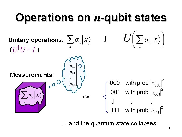 Operations on n-qubit states Unitary operations: (U†U = I ) Measurements: ? … and