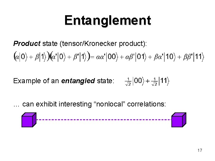 Entanglement Product state (tensor/Kronecker product): Example of an entangled state: … can exhibit interesting