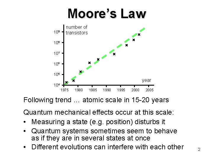 Moore’s Law 109 number of transistors 108 107 106 105 year 104 1975 1980