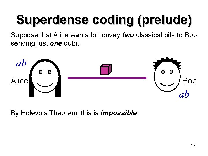Superdense coding (prelude) Suppose that Alice wants to convey two classical bits to Bob