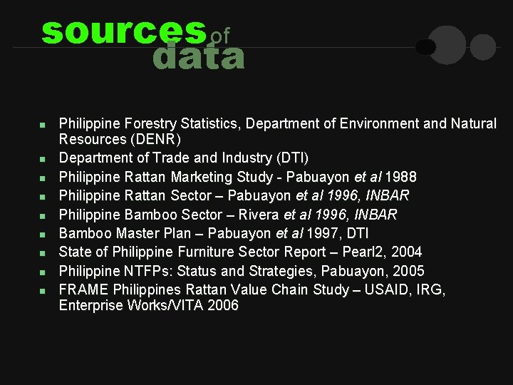 sources of data n n n n n Philippine Forestry Statistics, Department of Environment