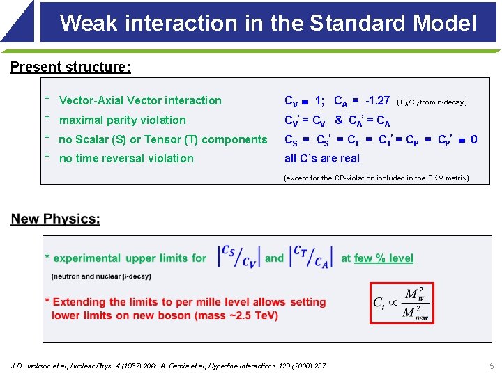 Weak interaction in the Standard Model Present structure: * Vector-Axial Vector interaction CV 1; Weak interaction in the Standard Model Present structure: * Vector-Axial Vector interaction CV 1;