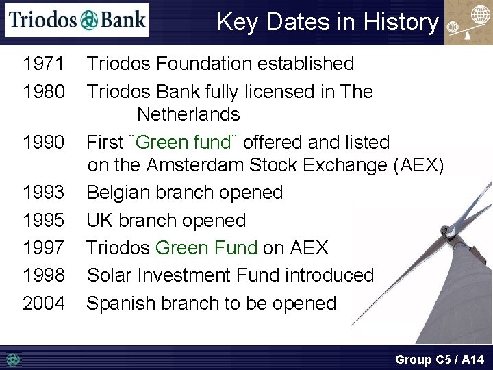 Key Dates in History 1971 1980 1993 1995 1997 1998 2004 Triodos Foundation established